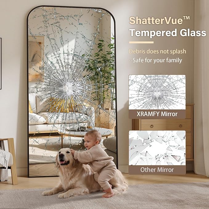 XRAMFY Full Length Mirror - Large Floor Standing & Wall Mountable Full Body Mirror with Sturdy Aluminum Frame, Arched Top Design, Freestanding or Hanging for Bedroom, Living Room, Cloakroom,Black