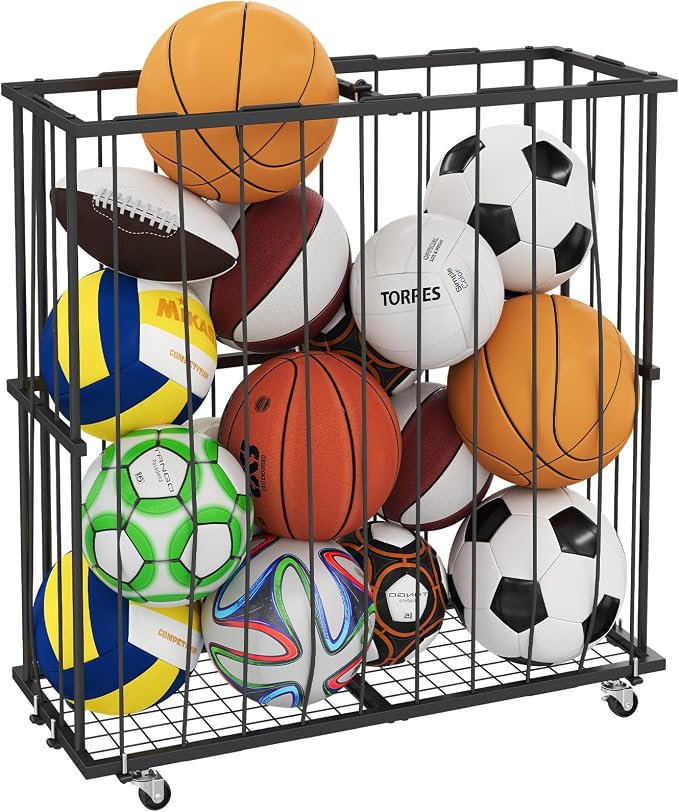 Large Capacity Garage Ball Storage- [Hold 16-20 Balls]: Rolling Sports Equipment Organizer Cart with Elastic Rope, Ball Rack with Wheels for Basketball, Soccer, Football, Indoor/Outdoor, Black