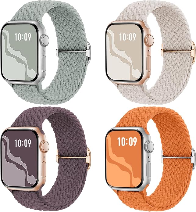 4 Pack Braided Stretchy Bands Compatible with Apple Watch 40mm 41mm 38mm 42mm 44mm 45mm 46mm 49mm Women Men, Breathable Nylon Elastic Daily Use Straps for iWatch Series 11/10 9 8 7 6 5 4 3 SE/Ultra 2
