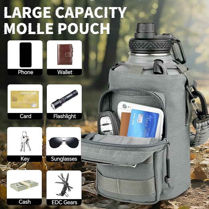 DEFUNX Half Gallon Water Bottle Insulated with Sleeve - Tactical 64 oz Stainless Steel Water Jug with MOLLE Water Bottle Pouch, Gym Water Bottles for Men Hiking Workout (Grey)