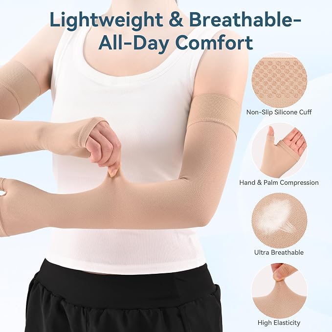 1 Pair Medical Full Compression Arm Sleeves with Palm Cover for Women Men | 20-30mmHg Graduated Compression,Arm And Elbow Supports,Silicone Anti-Slip Dots, Lymphedema,Arthritis,Bursitis, Post-Surgery