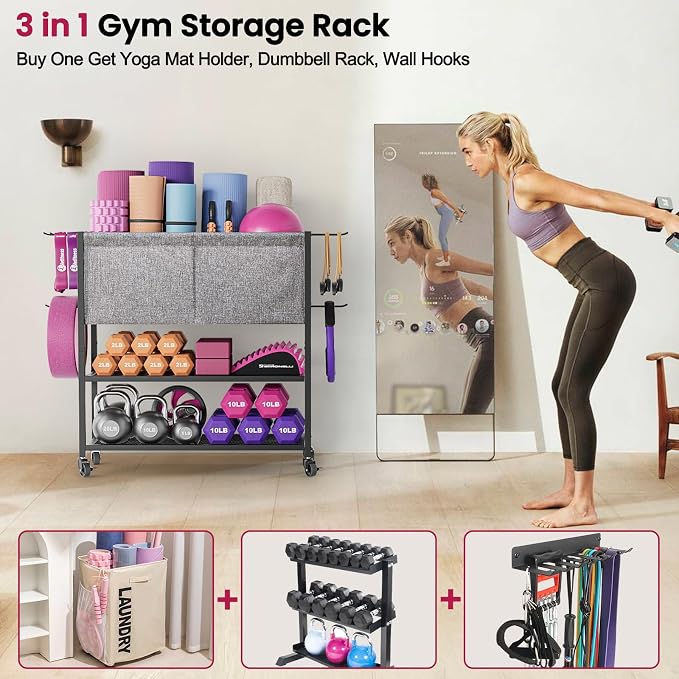 Yoga Mat Storage Rack Workout Equipment Organizer Home Gym Organization | Yoga Mat Holder for Dumbbell Kettlebell, Exercise Equipment Storage for Gym Accessories, Gym Essentials for Women Men