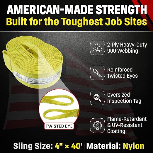 DD Sling 4 Inch x 40 Foot Nylon Lifting Sling – USA Made, 11,500 lb Vertical, 9,200 lb Choker, 23,000 lb Basket – 2-Ply Heavy Duty 900 Webbing, Type 4 Twisted Eye & Eye Rigging Sling