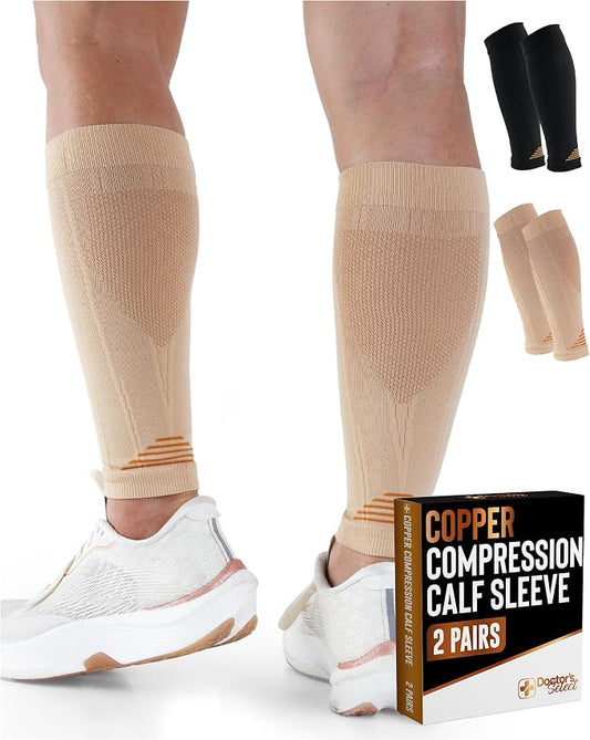 Doctor's Select 2 Pairs Copper Calf Compression Sleeve - Leg Compression Sleeves for Women & Men, Shin Splint Relief