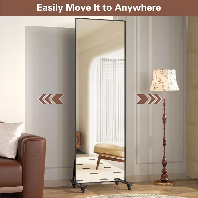 ANYHI Full Length Mirror on Wheels, 360° Swivel Full Body Rolling Mirror | 23.6"X74.5" Workout Mirror, HD Glass, Sturdy Metal Frame, Smooth Rolling Casters, Ideal For Gym, Bedroom, Dance Studio & Yoga