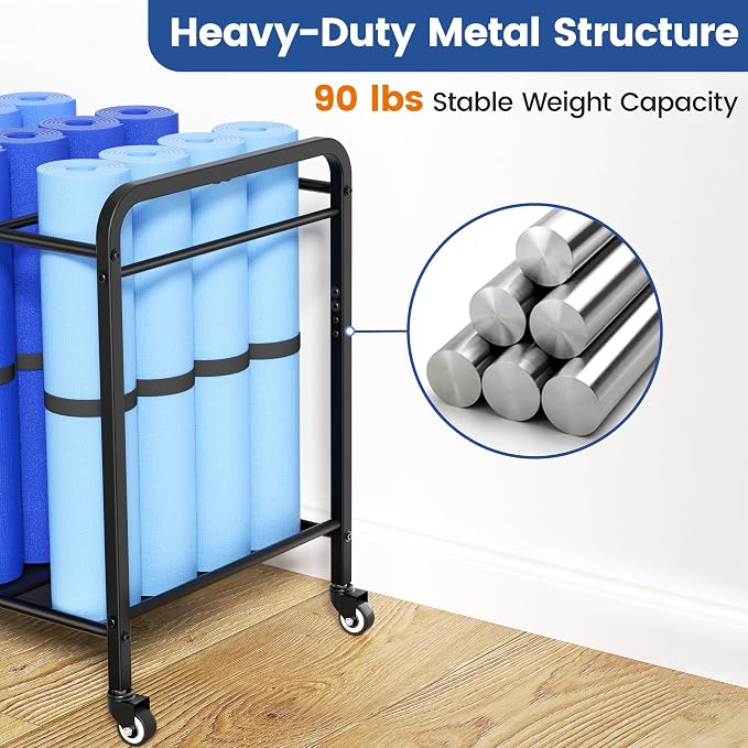 Yoga Mat Storage Rack Basket with Wheels for Foam Rollers, Metal, Home Gym | Floor-standing cart for yoga studios, gyms and fitness classes | Stores dumbbells and kettlebells with workout gear