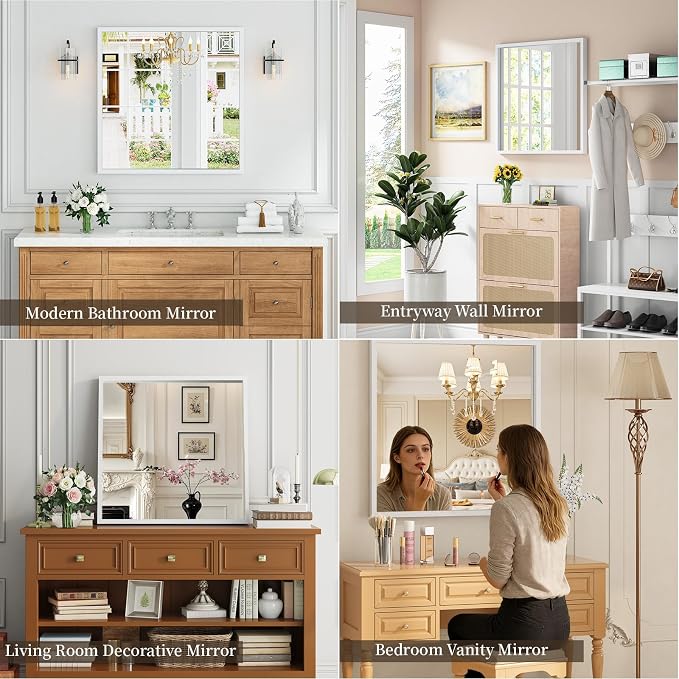 Syndra Square White Wood Frame Bathroom Mirror, 32''x32'' Modern Vanity Mirror for Wall, Waterproof Slim Deep Frame, HD Tempered Glass Mirror for Living Room, Bedroom, Entryway, Rustic, Farmhouse