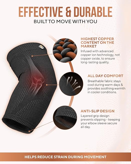TheraCopper Copper Elbow Compression Sleeve for Men & Women (Pair) – Infused Copper Elbow Brace for Tennis Elbow, Tendonitis, Arthritis & Bursitis – Elbow Support for Golf, Workouts & Recovery (Small)