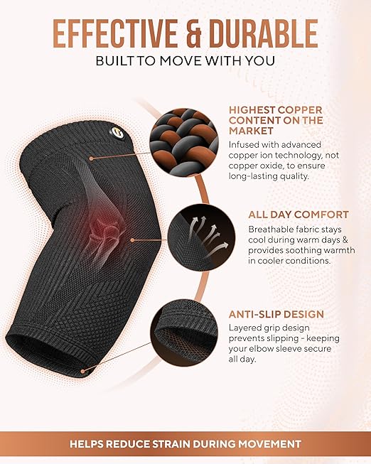TheraCopper Copper Elbow Compression Sleeve for Men & Women (Pair) – Infused Copper Elbow Brace for Tennis Elbow, Tendonitis, Arthritis & Bursitis – Elbow Support for Golf, Workouts & Recovery (Large)