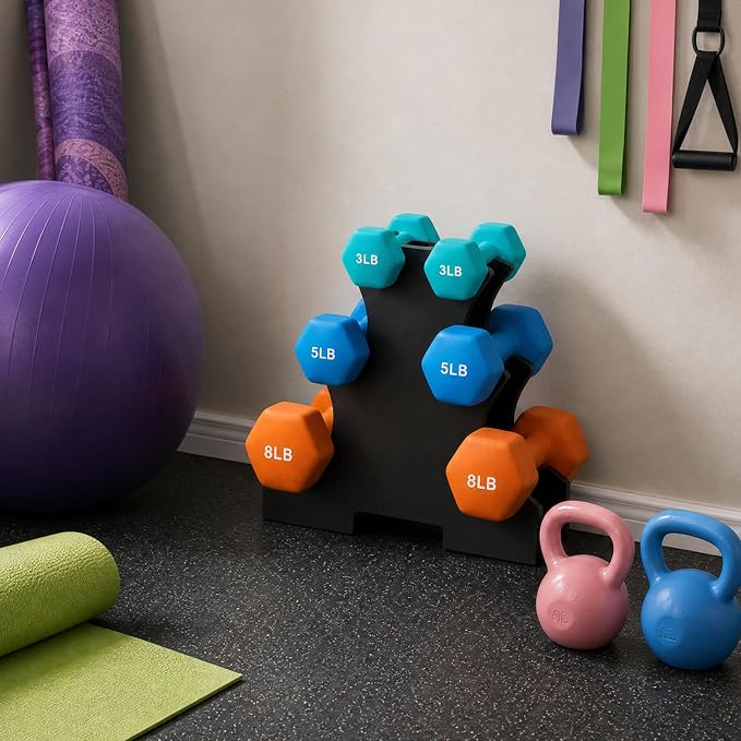 Fitvids Set of 6 Neoprene Dumbbell Hand Weights, Set with Rack: 3/5/8 Pairs