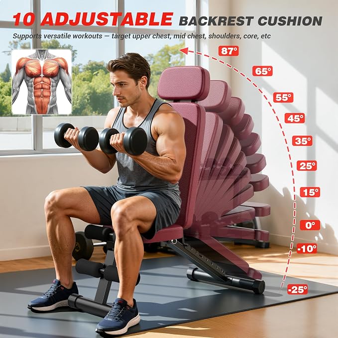 XDDIAS Workout Bench, 10 Backrests Adjustable Weight Bench with Extended Headrest, 800LBS Foldable Weight Bench for Home Gym, Incline Decline Flat Bench Compact for Small Space Training