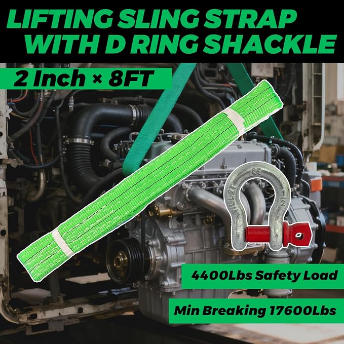 HENBOW Heavy Duty Flat Lift Sling with D Ring Shackle,8'X2 Lift Sling Straps 4400 lbs Safety Load，Web Sling for Hoist Car Tree Saver Winch Recovery