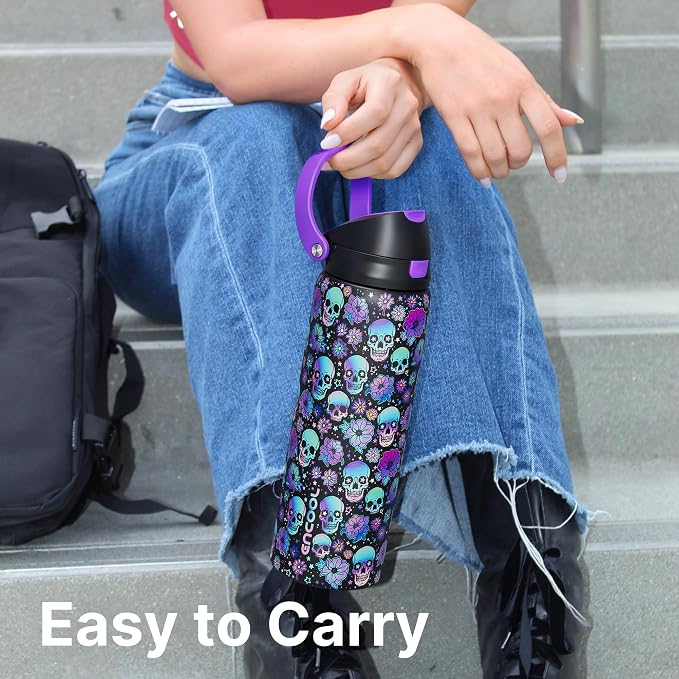 Encool SwiftSip Insulated Stainless Steel Water Bottle with Straw - Leak Proof Sports Water Bottle for School, Travel, Keeps Cold All Day, One-Touch Flip Lid, BPA-Free, 32 oz, Trippy Skulls
