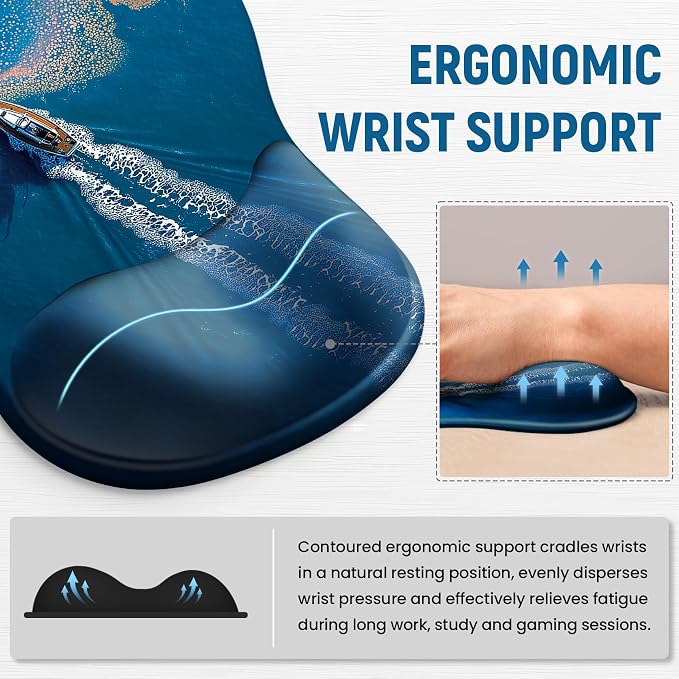 Ergonomic Mouse Pad with Wrist Rest, Gel Wrist Support, Coastal | 10.2 x 7.6 in Mouse Pad with Smooth Fabric Surface and Non-Slip Rubber Base for Office, Home, Study, and Gaming
