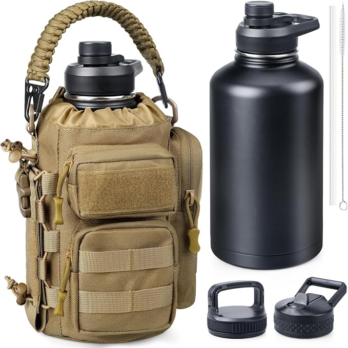 RXW 64oz Insulated Water Bottle Half Gallon Water Jug with Sleeve Tactical | Stainless Steel Water Jug Large Military Water Bottle with 3-IN-1 Pouch/3 Lids/Straw/Paracord Handle for Gym/Camping/Workout