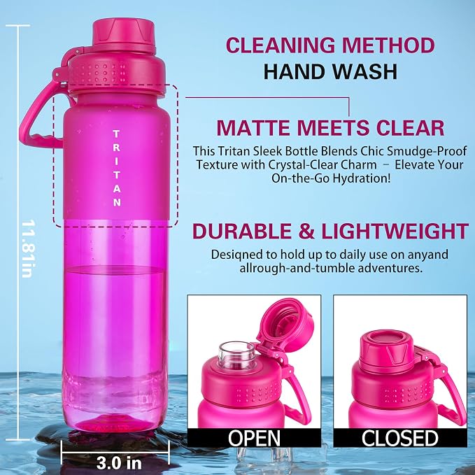 OLDLEY 32 oz Water Bottle with Handle, BPA-Free Tritan Reusable Sports Water Bottle with Leak-Proof Dust Lid, Wide Mouth, Cup Holder Friendly, Half Frosted Clear Bottle for Gym, Travel, Work,Hot Pink