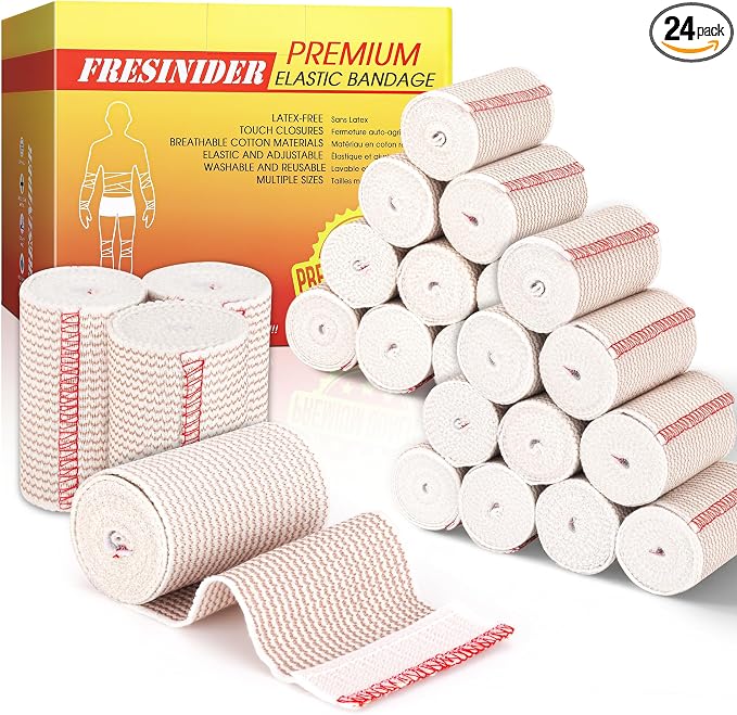 FRESINIDER Premium Elastic Bandage Wrap 3 Inch, 24 Pack, Hook and Loop | Versatile 3-Inch Cotton Compression Wrap for Ankle, Wrist and Elbow; Bulk Box for Clinics, Teams and First-Aid Stations.