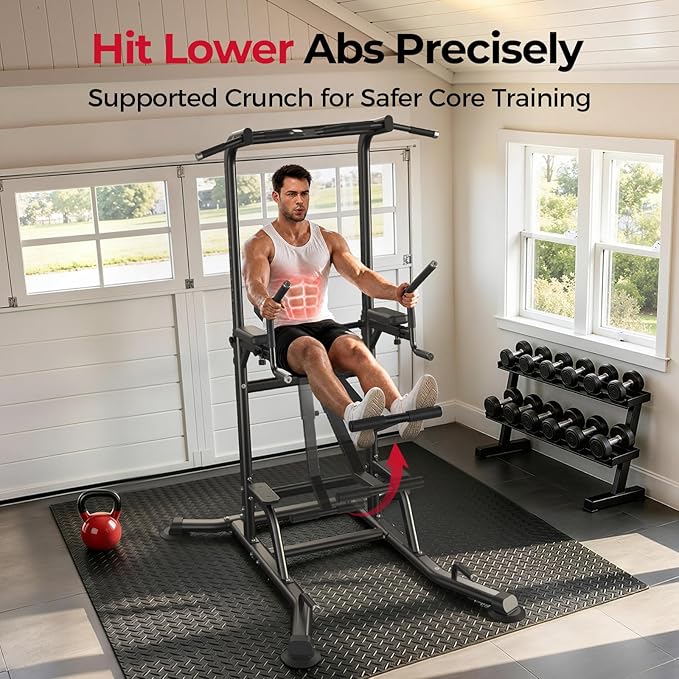 FLYBIRD 800LBS Heavy Duty Power Tower Dip Station, Adjustable Height Pull Up Stand with Crunch Leg Raise, Multifunction Strength Training Equipment for Home Gym Back Workout