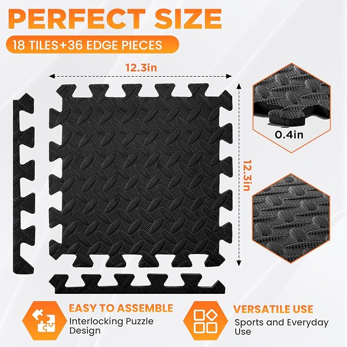 36 Tiles EVA Puzzle Exercise Floor Mats Set, Interlocking Foam Gym Tiles | 12.6"x12.6"x0.4", Water-Resistant Flooring for Home Gym, Workout Equipment, Kids' Play Areas, Garage Playroom - Black