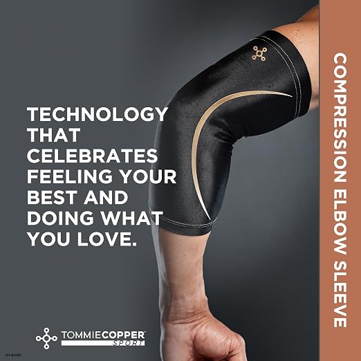 Tommie Copper Elbow Compression Sleeve, 15-20 mmHg (L/XL, Black) | 15-20 mmHg | 4D Stretch | Copper Znergy | Non-Slip Fit