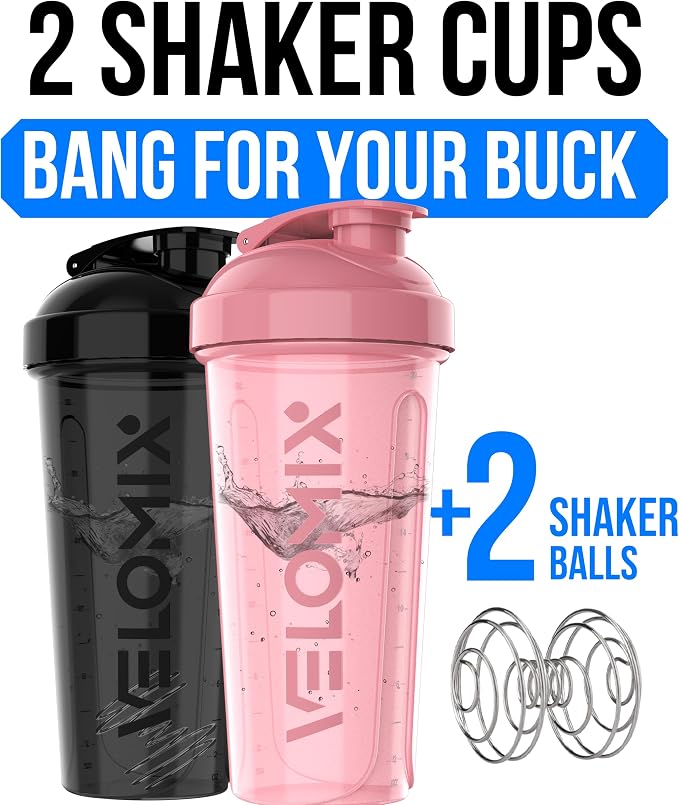 VELOMIX -2 Pack- 28 oz Protein Shaker Bottles for Protein Mixes - 2x Wire Whisk | Leak Proof Shaker Cups for Protein Shakes and Pre Workout | Protein Shaker Bottle Pack (A7) Pink/Black