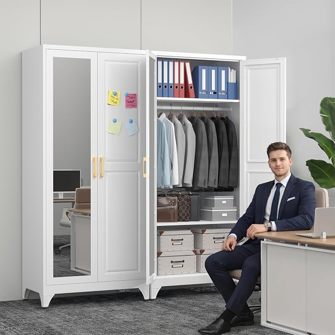 Polup Metal Armoire Wardrobe Closet with Mirror, 71" Tall White Cabinet | Heavy Duty Steel Clothing Storage Cabinet with Hanging Rod & Adjustable Shelves for Bedroom, Office, Gym, Garage, Armarios