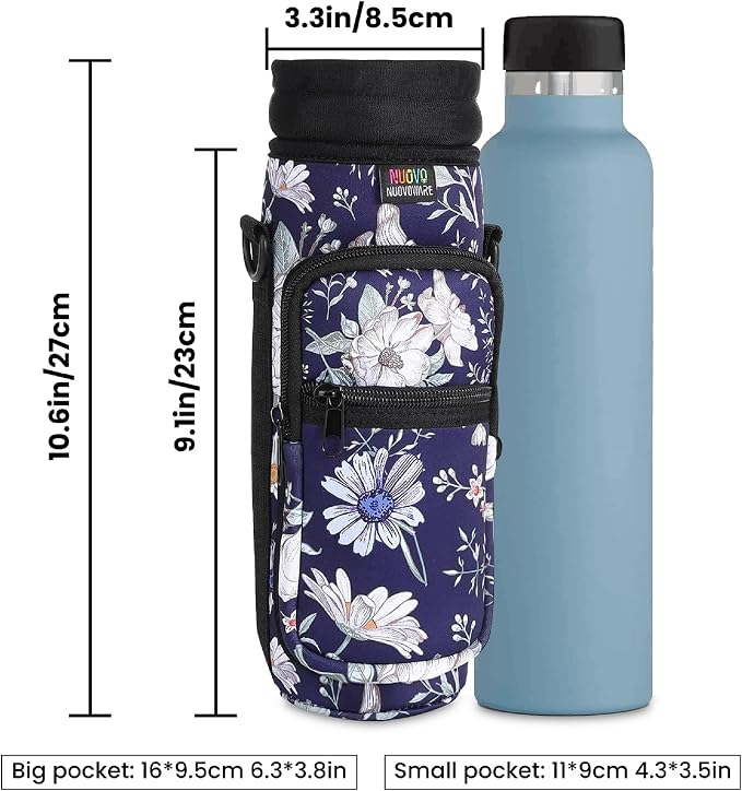 Nuovoware Water Bottle Carrier Bag, 25oz/32oz, Blue Cosmos | Adjustable Shoulder Hand Strap, 2 Pocket, Neoprene Sleeve, For Hiking Travelling Camping