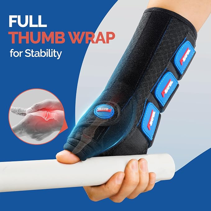 FEATOL Carpal Tunnel Wrist Brace Night Support, Thumb Spica Splint Right Hand for De Quervains Tenosynovitis, Tendonitis, Thumb Brace for Women Men, Black Blue, Medium/Large