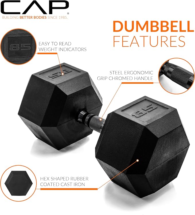 CAP Rubber Coated Dumbbell Weights, Free Weights for Home Gym Strength Training, Anti-Roll Hex Dumbbells with Black, Chrome & Comfort Grip Handles, Pairs & Sets
