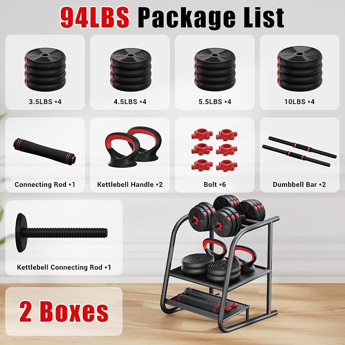 Adjustable Dumbbells, GOIMU 32/54/76/94LBS Free Weight Set, 4 in 1 Dumbbell Set Used as Barbell, Kettlebell, Push Up Stand, Fitness Exercise for Home Gym Suitable Men/Women