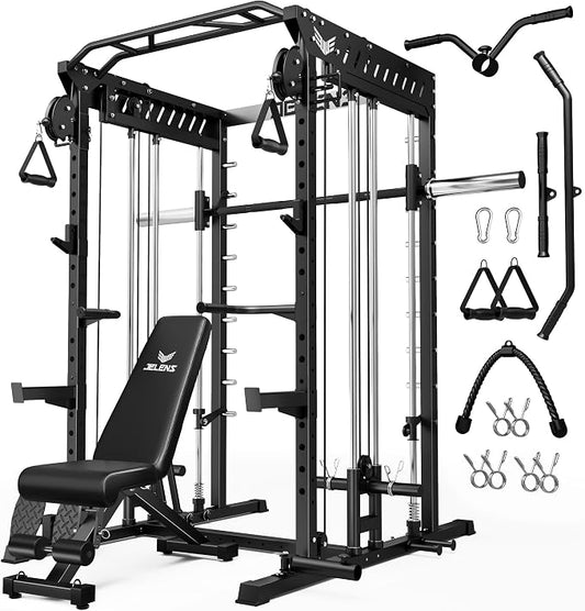 JELENS M21 Smith Machine, Multi-Function Power Cage with Dual Pulley Cable Crossover System, 2000LBS All-in-One Squat Rack with Smith Bar and Attachments for Home Gym