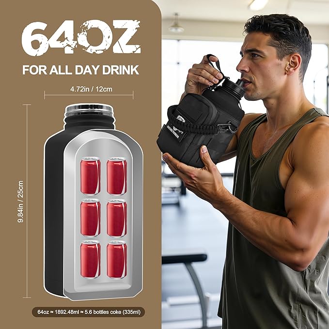 NATURE PIONEOR 64 oz Tactical Water Bottle with MOLLE Bottle Pouch & 3 Lids | 18/8 Food-grade Stainless Steel, Double Vacuum Insulation, 3 Leak-proof Lids, Handle, Strap, Camping, Hiking, Gym, Work