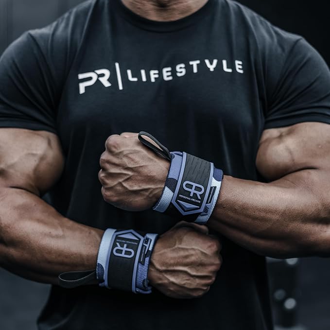 PR Personal Record Heavy Duty Premium Wrist Wraps, More Elasticity, Reinforced Stitching, Extra Wide Strap, Strong Thumb Loop, Larry Wheels Weightlifting Wraps