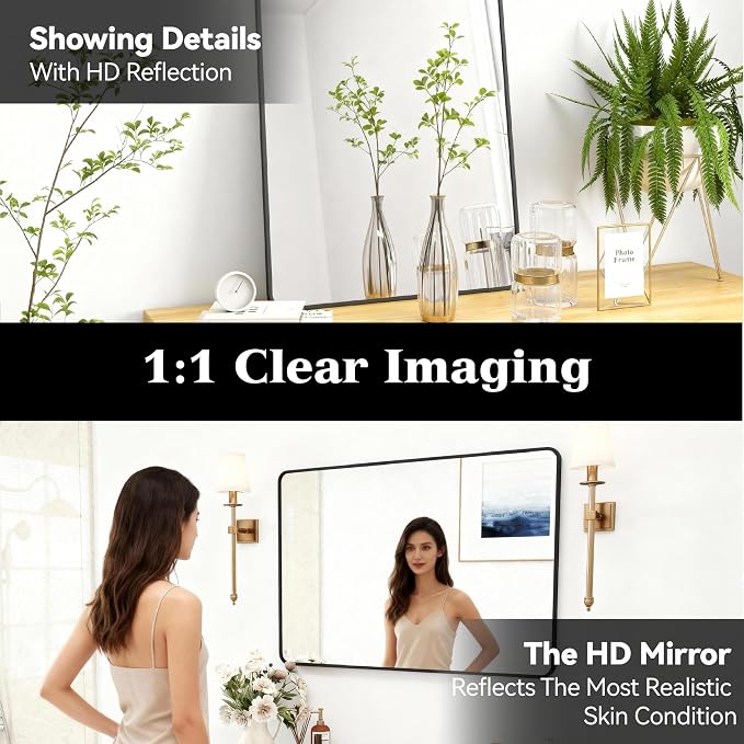 SCWF-GZ 24x36 Mirror Vanity Bathroom Wall Mounted Aluminum Alloy Metal Frame Dressing Round Rectangle Mirrors for Entryway Bedroom Living Room Horizontally or Vertically 36x24 inch Black