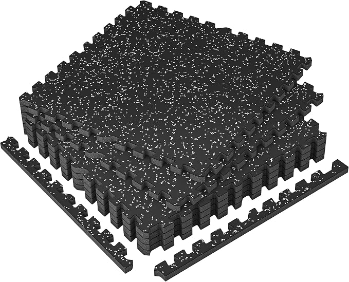 SUPERJARE 1" Extra-Thick Rubber Top Exercise Mat, Puzzle Gym Flooring for Home Gym, Gym Mat for Workout Equipment, Interlocking Floor Tiles with EVA Foam, 6 Pcs 24 Sq Ft, Black/Grey