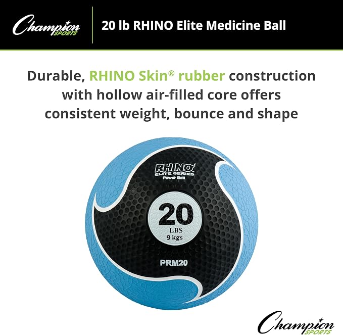 Champion Sports Rhino Elite Medicine Ball – Textured Surface, Superior Grip, Hollow Synthetic Rubber for Consistent Bounce & Durability, Multiple Weights & Colors - Optional Rebounder Sold Separately