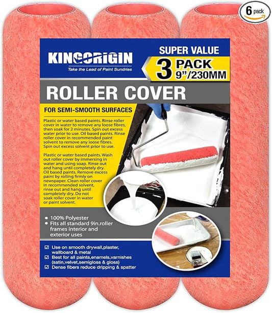 King Origin Paint Roller Covers, 3 Pack, 9 Inch 3/8" Nap | Paint Roller 3/8" Nap High Dense Roller Covers for Smooth and Textured Rough Surfaces