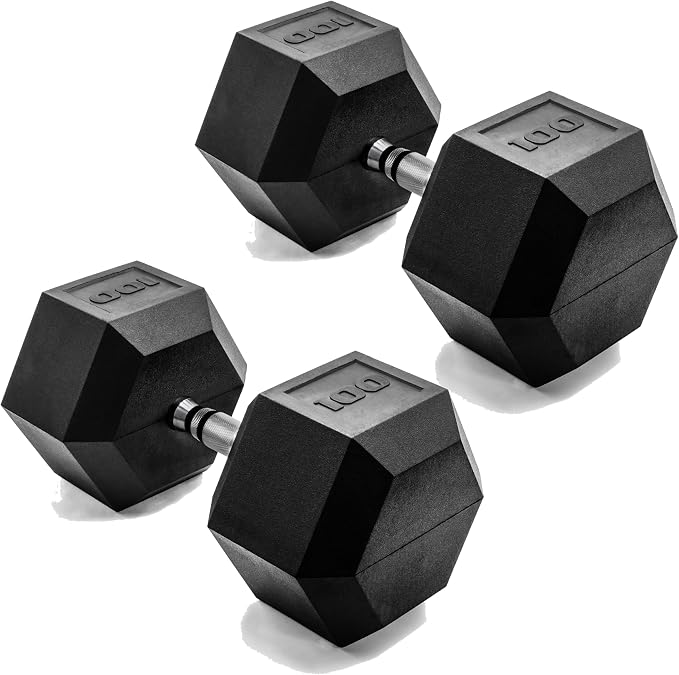 CAP Rubber Coated Dumbbell Weights, Free Weights for Home Gym Strength Training, Anti-Roll Hex Dumbbells with Black, Chrome & Comfort Grip Handles, Pairs & Sets