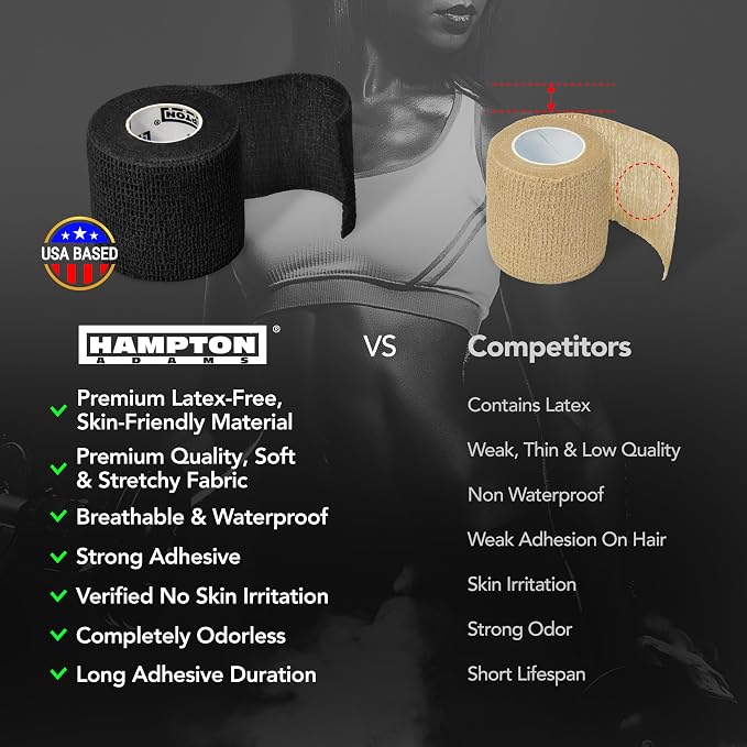 Hampton Adams | As Seen on Shark Tank | Self Adhesive Bandage Wrap (14-Pack) | 15ft | Pet Safe | Breathable Athletic Elastic Cohesive Bandage for Sports Injury Ankle Knee Wrist sprains (Black)