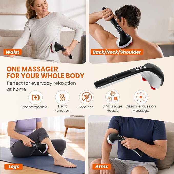 Snailax Cordless Handheld Back Massager with Heat, Deep Tissue Percussion Massager, 3 Sets of Dual Pivoting Heads,Rechargeable Hand Held Massager for Neck,Back Shoulder,Calf,Legs