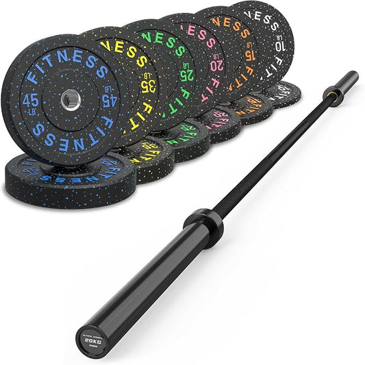 HANDBODE Olympic Barbell Set, 2-Inch Bumper Plates with Weight Plate Rack | Colored Crumb Rubber Weight Plates for Weight Lifting & Strength Training, 90–530 lb Set with 45 LB (20 kg) Olympic Barbell