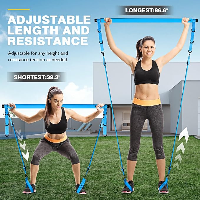 Ayombo Pilates Bar Kit with Resistance Bands, Pilates Workout Equipment for Legs, Hip, Waist, Arm, Squats Exercise Equipment for Home Workouts, Adjustable 3-Section Pilates Bar Kit for Women & Men