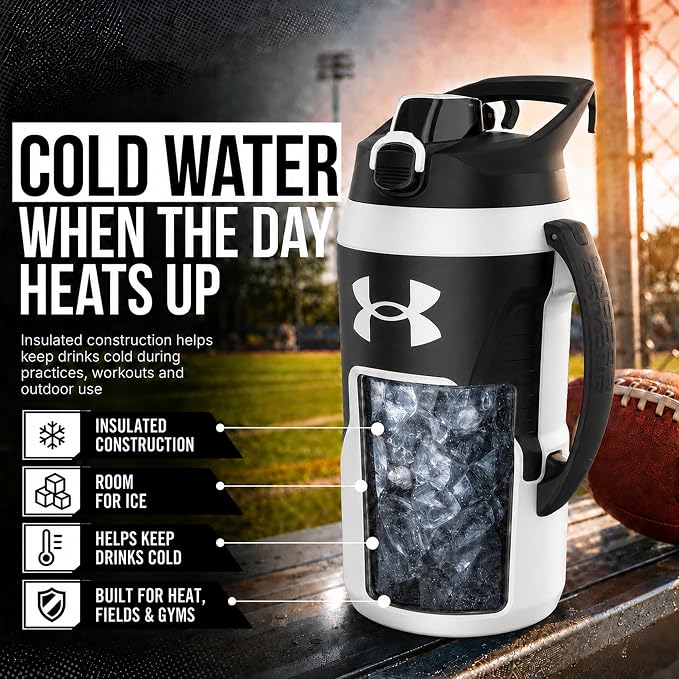Under Armour Insulated Water Bottle with Handle & Fence Hook, Half Gallon Sports Water Jug, Leak-Resistant & BPA-Free for Baseball, Football & Gym - White/Black, 64oz