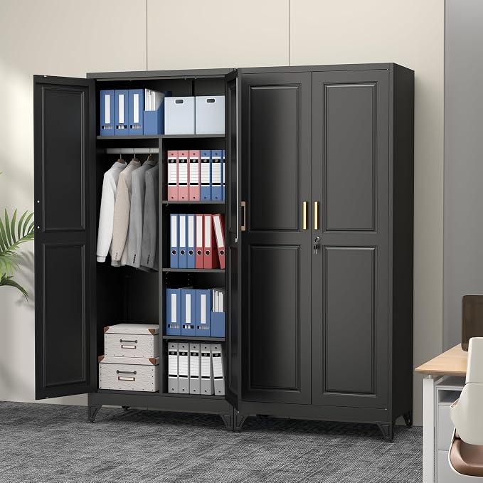 Polup 71" Tall Metal Armoire Wardrobe Closet with Lock | Heavy Duty Steel Clothing Storage Cabinet with Hanging Rod, 3 Adjustable Shelves & 2 Doors for Bedroom, Office, Broom, Black