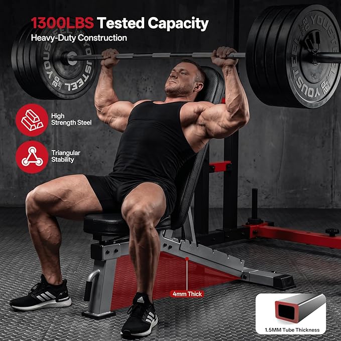 JOROTO FID Adjustable Weight Bench 1300LBS Capacity for Home Gym | Heavy Duty Workout Bench Press with Incline Decline Positions, 34'' Backrest and Wheels for Strength Training at Home Gym