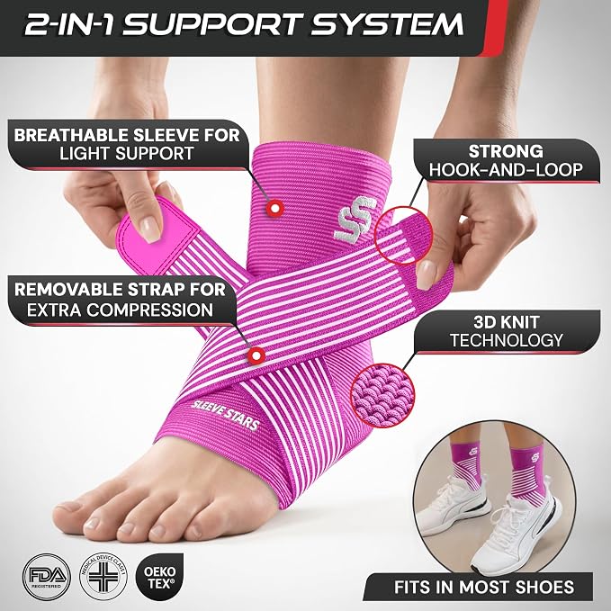 Sleeve Stars Ankle Brace for Women & Men, Ankle Wrap for Sprained Ankle, Compression Sleeve for Plantar Fasciitis Relief, Easy Customizable Support: w/Removable Strap (Single/S:9"-10"/Hot Pink)