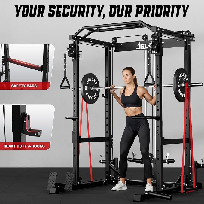 JELENS C12 Power Rack, 2000LBS Squat Rack with Cable Crossover System, Workout Cage with More Training Attachments for Home Gym