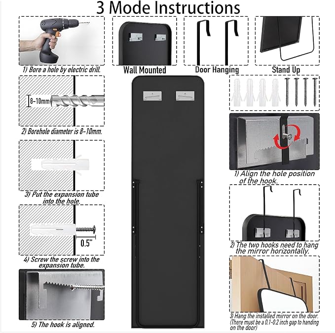 SCWF-GZ 57x16 Full Length Mirror Over The Door Hanging, Floor Stand/Wall Mounted Aluminum Alloy Frame Dressing Mirror for Bedroom Living Room 57 inch Black