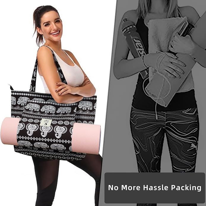 WLLWOO Yoga Mat Carrier Bag for Women Canvas Carryall Tote Gym Pilates | Large Holder Zipper Shoulder for Beach Travel Workout Fitness Office