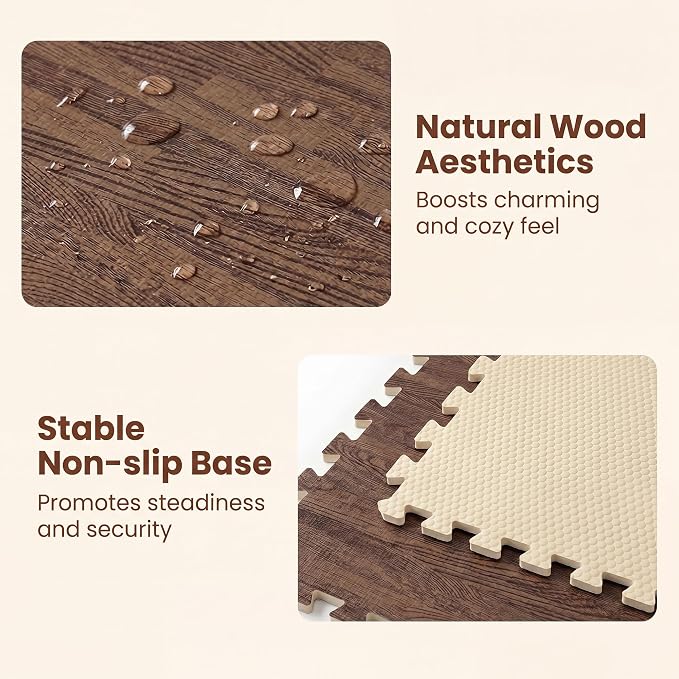 Giantex 25 Pcs Faux Wood Grain EVA Foam Tiles, 24"x24" Interlocking Floor | 100 Sq. Ft Puzzle Exercise Mats with 50 Borders, 0.4" Thick Waterproof Anti-Slip Flooring for Home Gym, Basement, Dark Walnut